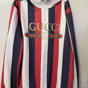 Gucci Red Navy White Striped Logo Sweatshirt with Gold Print